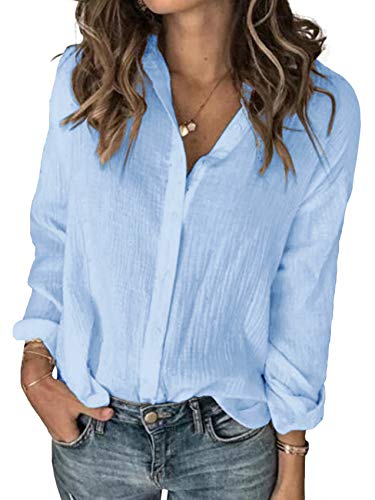 Image of Long Sleeve Button Down Cotton Linen Shirt Blouse