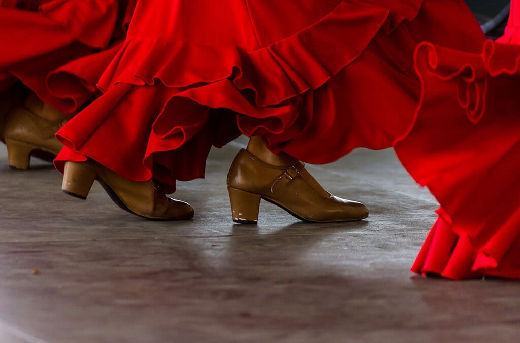 Closeup of a typical shoes to the traditional Spanish flamenco dance shoes, leather high heels - Flamenco in Barcelona with kids