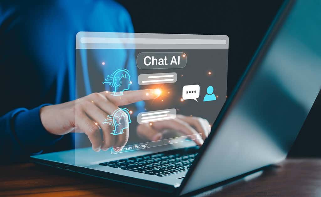 AI chatbot conversation using artificial intelligence technology smart robot AI, Generative AI a man using AI.  How to plan a trip to Spain using AI
