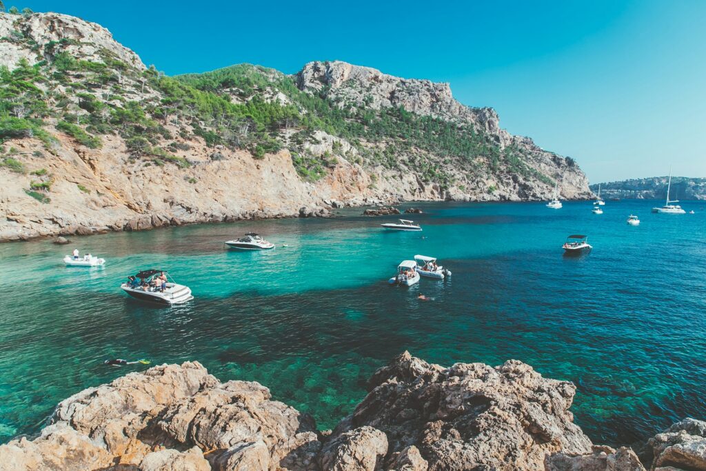 Palma De Mallorca Majorca Majorica Balearic Island landscape sea view beach Azure Blue water sand Summer holidays summer vacation journey with blue sky
