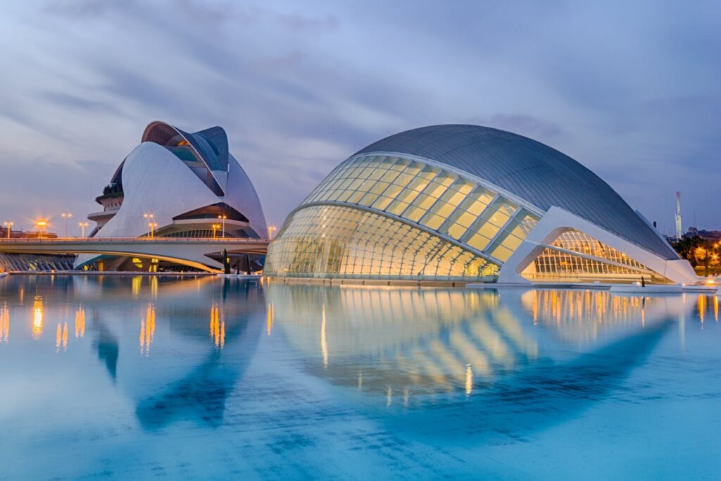 Valencia, Spain Reflection of Cityscape in Sea at Night