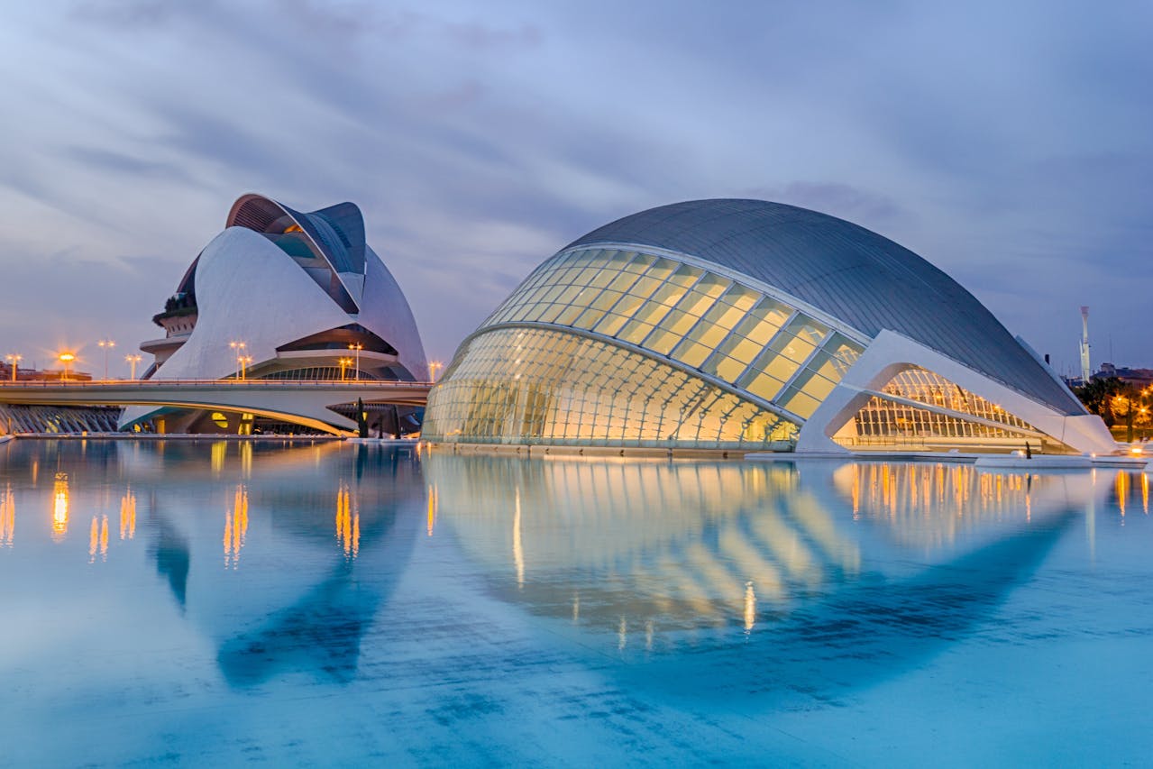 Valencia, Spain Reflection of Cityscape in Sea at Night