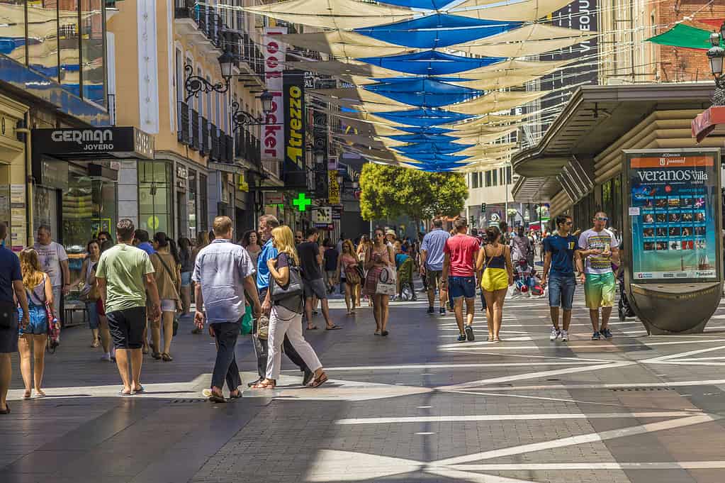 Madrid, Spain - People shopping at one of the busiest streets of Madrid - Madrid in the summer