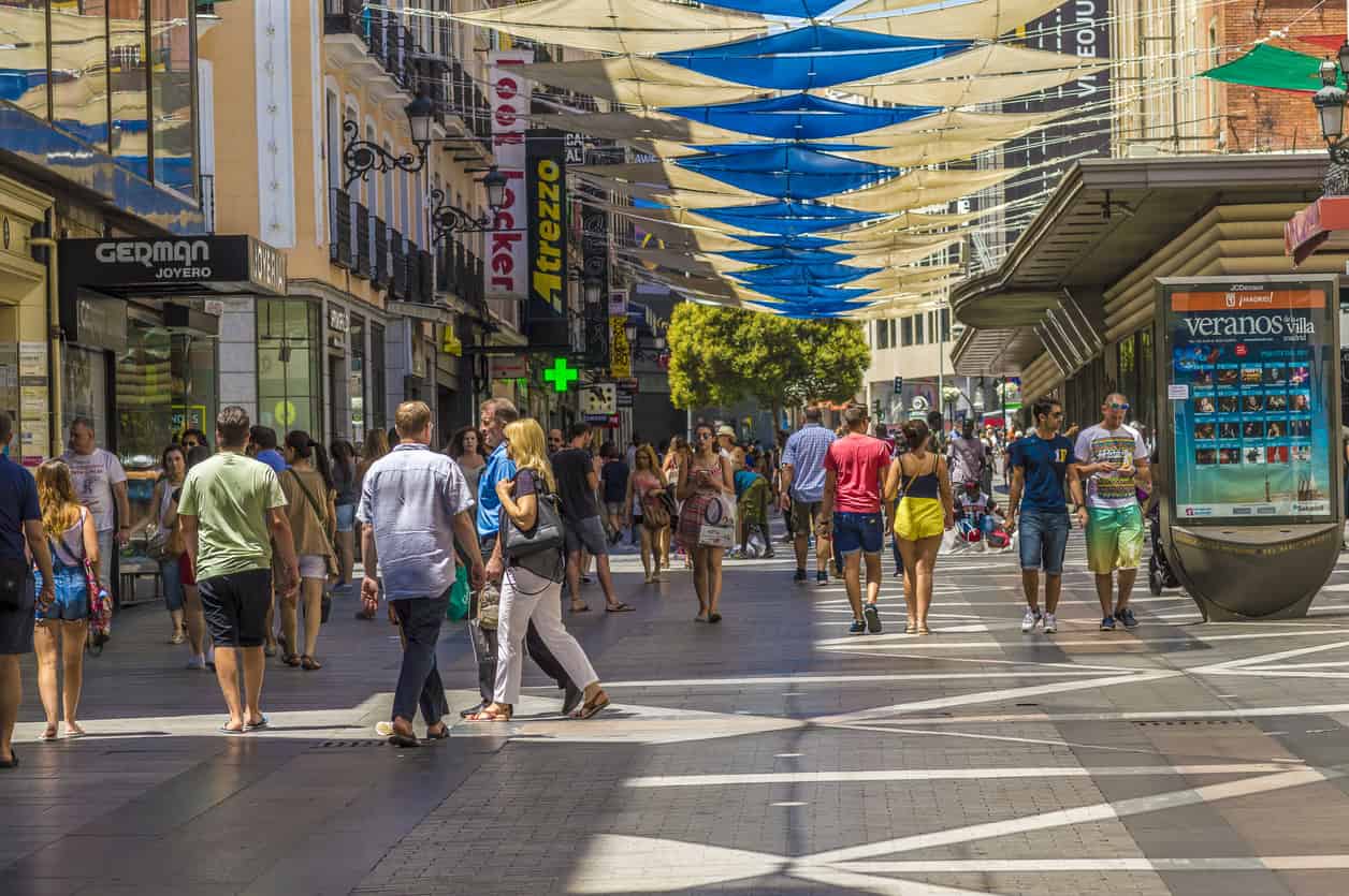 Madrid, Spain - People shopping at one of the busiest streets of Madrid - Madrid in the summer